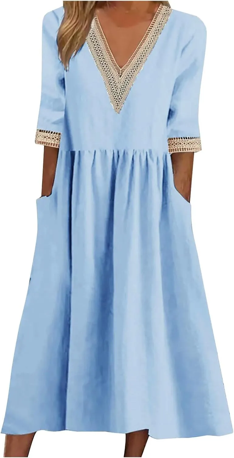NaRHbrg Women Half Sleeve Dress Contrast Casual Pockets Party Swing Sundress Boho V Neck Flowy A Line Midi Dresses Work Dress