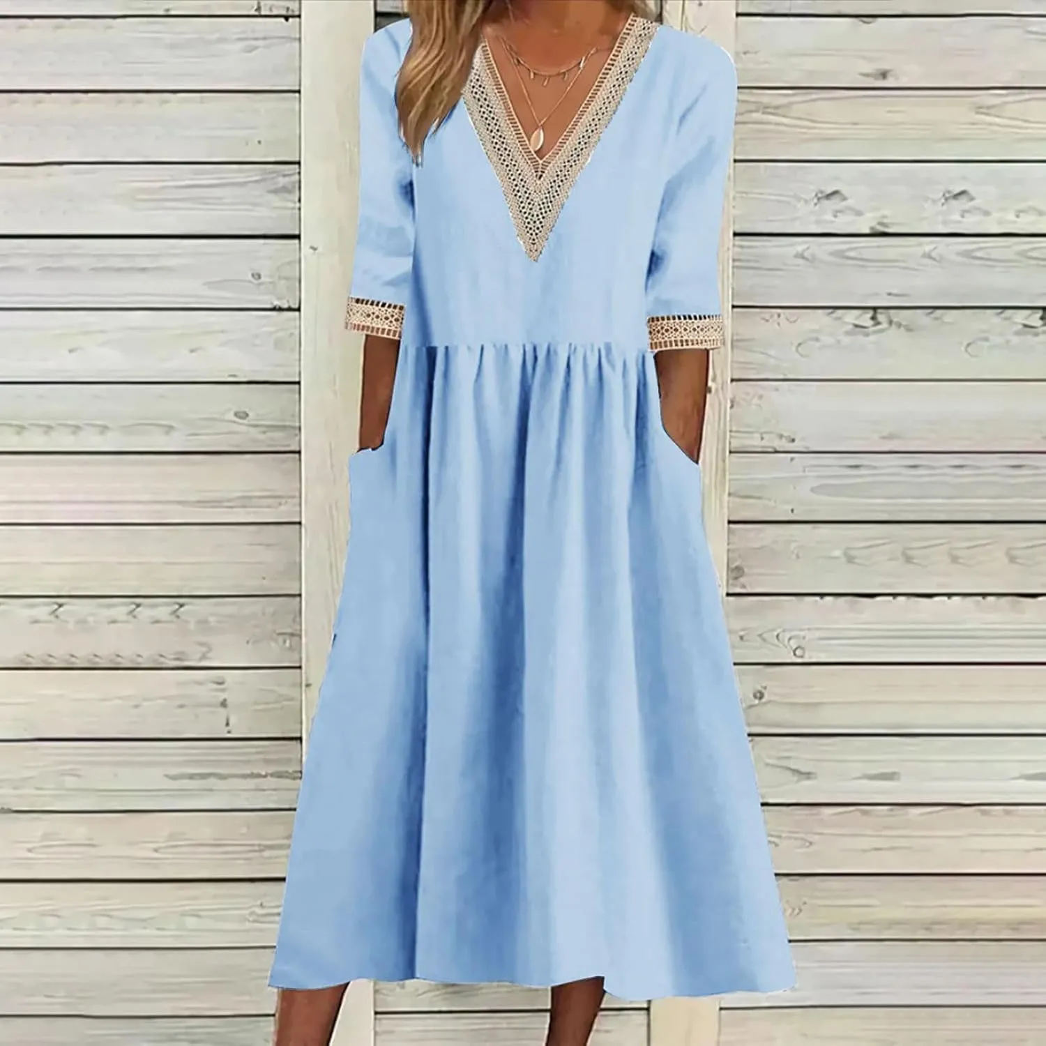 NaRHbrg Women Half Sleeve Dress Contrast Casual Pockets Party Swing Sundress Boho V Neck Flowy A Line Midi Dresses Work Dress