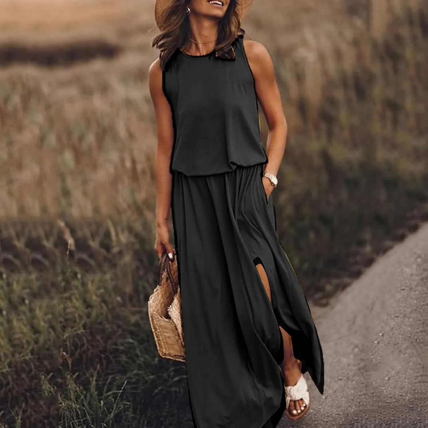 NaRHbrg Women Summer Dresses Sleeveless Casual Summer Maxi Dress Smocked Flowy Irregular Hem Sundresses Beach Long Tank Dress