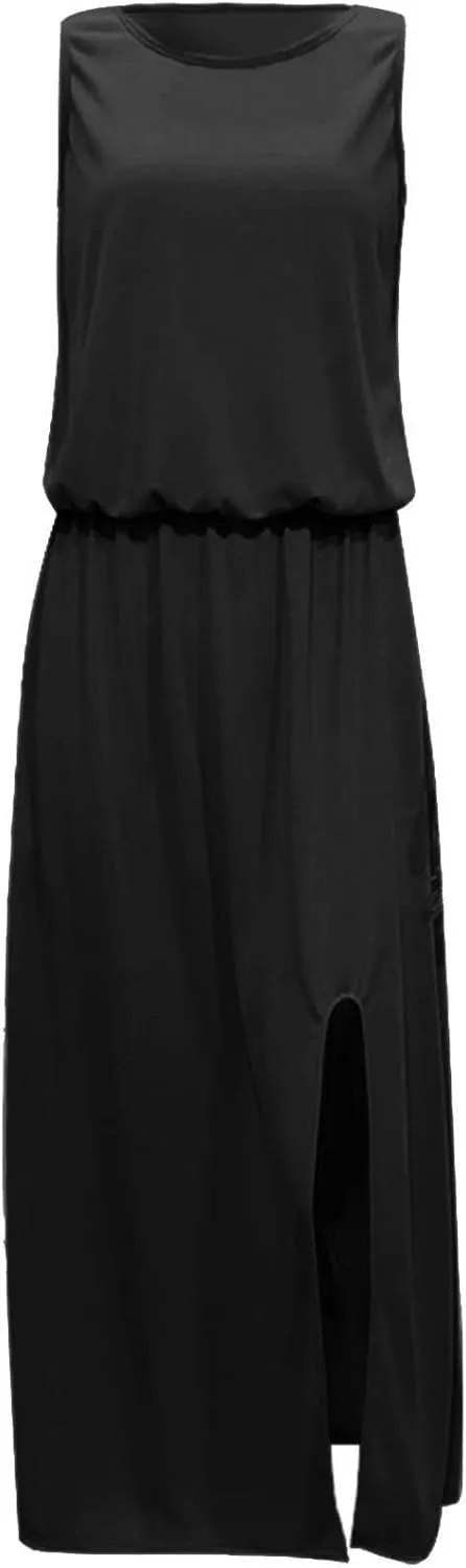 NaRHbrg Women Summer Dresses Sleeveless Casual Summer Maxi Dress Smocked Flowy Irregular Hem Sundresses Beach Long Tank Dress