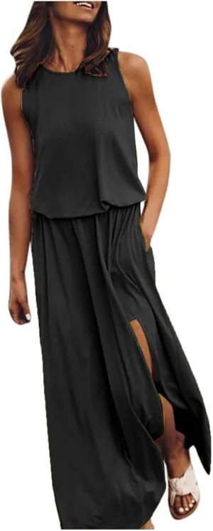 NaRHbrg Women Summer Dresses Sleeveless Casual Summer Maxi Dress Smocked Flowy Irregular Hem Sundresses Beach Long Tank Dress