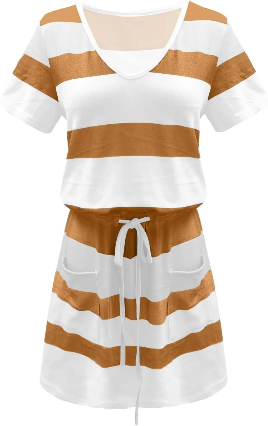 NaRHbrg Womens Summer Casual Midi Dresses Striped Short Sleeve Tshirt Dresses V Neck Drawstring Knee Length Dress with Pocket