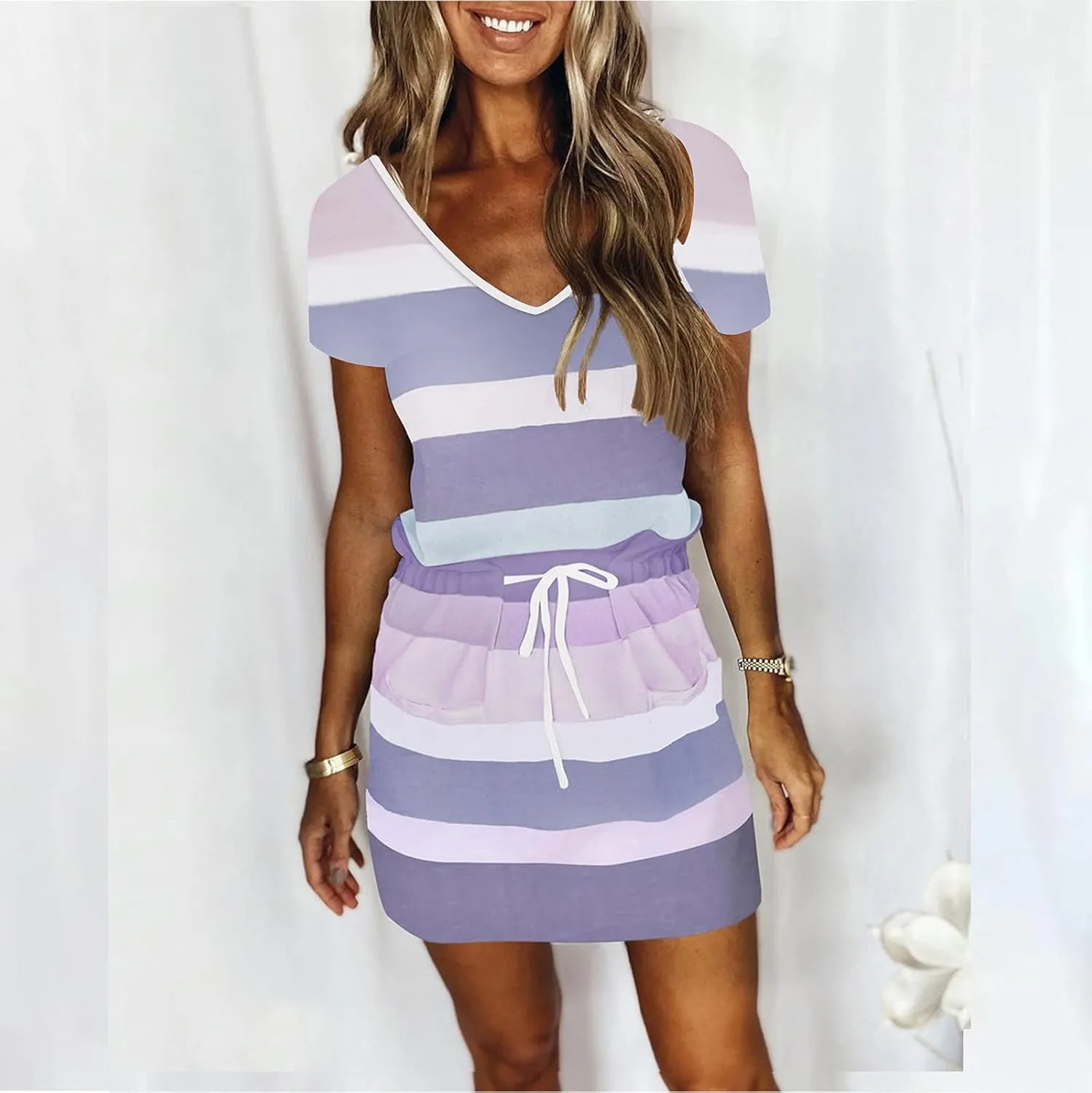 NaRHbrg Womens Summer Casual Midi Dresses Striped Short Sleeve Tshirt Dresses V Neck Drawstring Knee Length Dress with Pocket