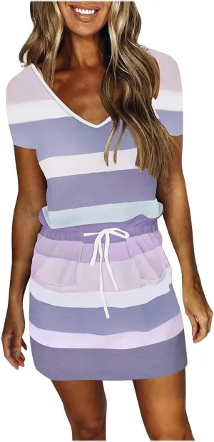NaRHbrg Womens Summer Casual Midi Dresses Striped Short Sleeve Tshirt Dresses V Neck Drawstring Knee Length Dress with Pocket