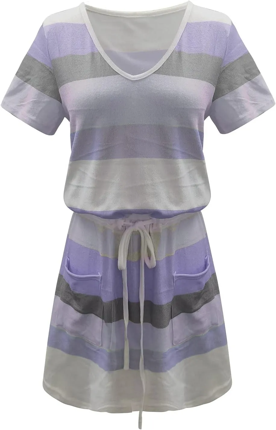 NaRHbrg Womens Summer Casual Midi Dresses Striped Short Sleeve Tshirt Dresses V Neck Drawstring Knee Length Dress with Pocket