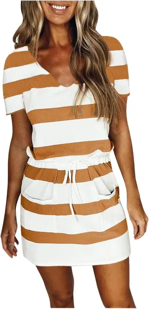 NaRHbrg Womens Summer Casual Midi Dresses Striped Short Sleeve Tshirt Dresses V Neck Drawstring Knee Length Dress with Pocket