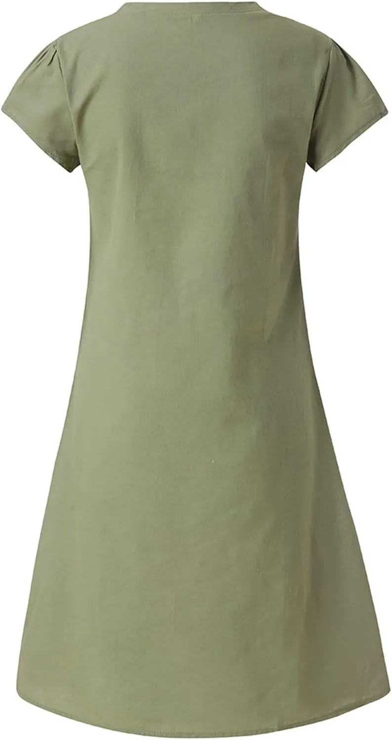 NaRHbrg Womens Summer Dress Cotton Linen Short Sleeve Mini Dresses V Neck Loose Casual Tunic Beach Sundress