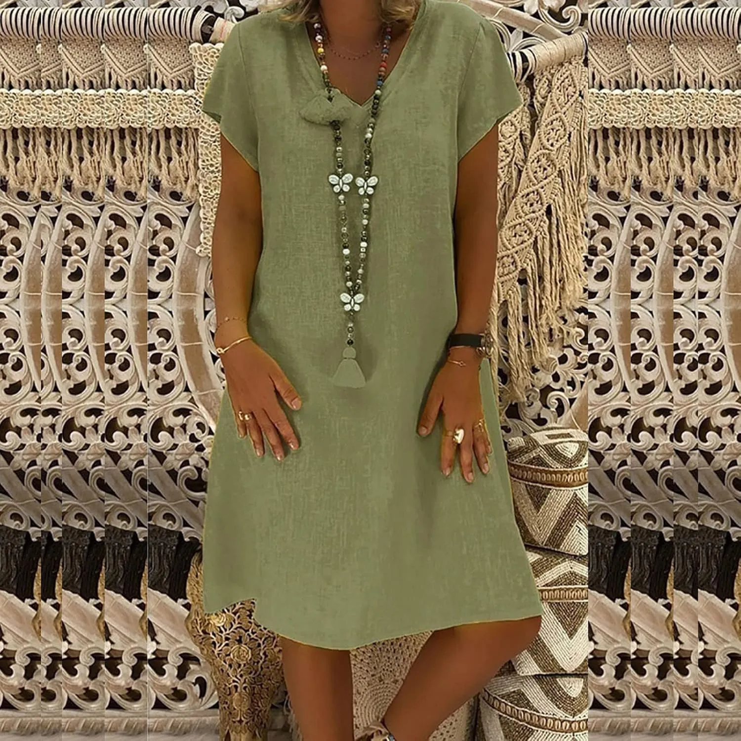 NaRHbrg Womens Summer Dress Cotton Linen Short Sleeve Mini Dresses V Neck Loose Casual Tunic Beach Sundress