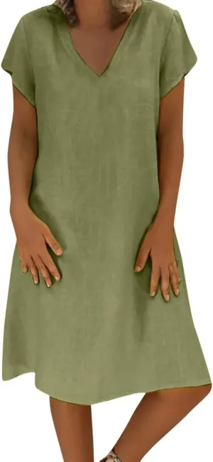 NaRHbrg Womens Summer Dress Cotton Linen Short Sleeve Mini Dresses V Neck Loose Casual Tunic Beach Sundress