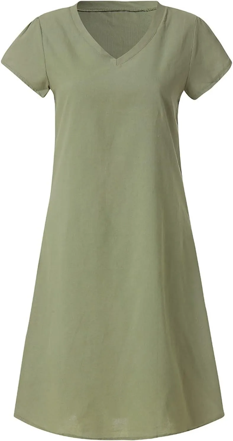NaRHbrg Womens Summer Dress Cotton Linen Short Sleeve Mini Dresses V Neck Loose Casual Tunic Beach Sundress