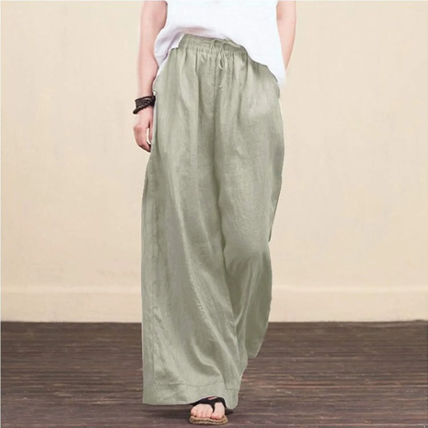 NATHGAM Women's Summer Palazzo Pants Cotton Linen Flowy Wide Leg Beach Vacation Pants Casual Loose Fit Trousers with Pockets
