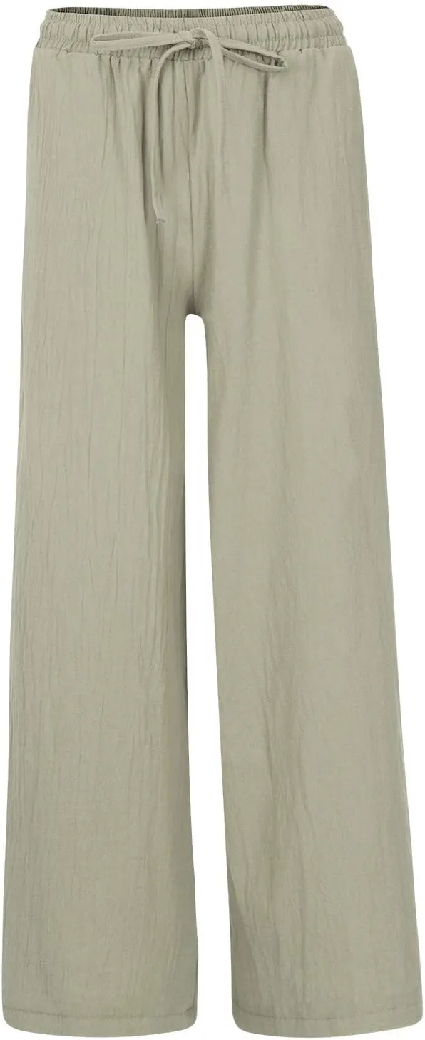 NATHGAM Women's Summer Palazzo Pants Cotton Linen Flowy Wide Leg Beach Vacation Pants Casual Loose Fit Trousers with Pockets