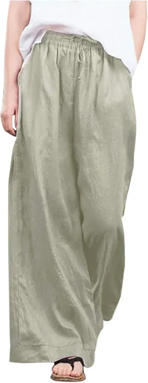 NATHGAM Women's Summer Palazzo Pants Cotton Linen Flowy Wide Leg Beach Vacation Pants Casual Loose Fit Trousers with Pockets