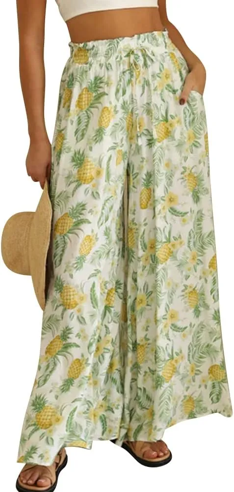 OBEEII Womens High Waist Chiffon Pants Boho Flowy Wide Leg Casual Palazzo Trousers