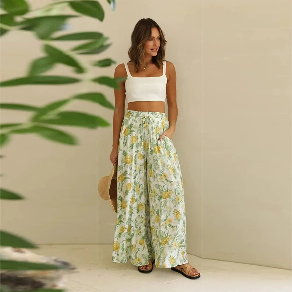 OBEEII Womens High Waist Chiffon Pants Boho Flowy Wide Leg Casual Palazzo Trousers