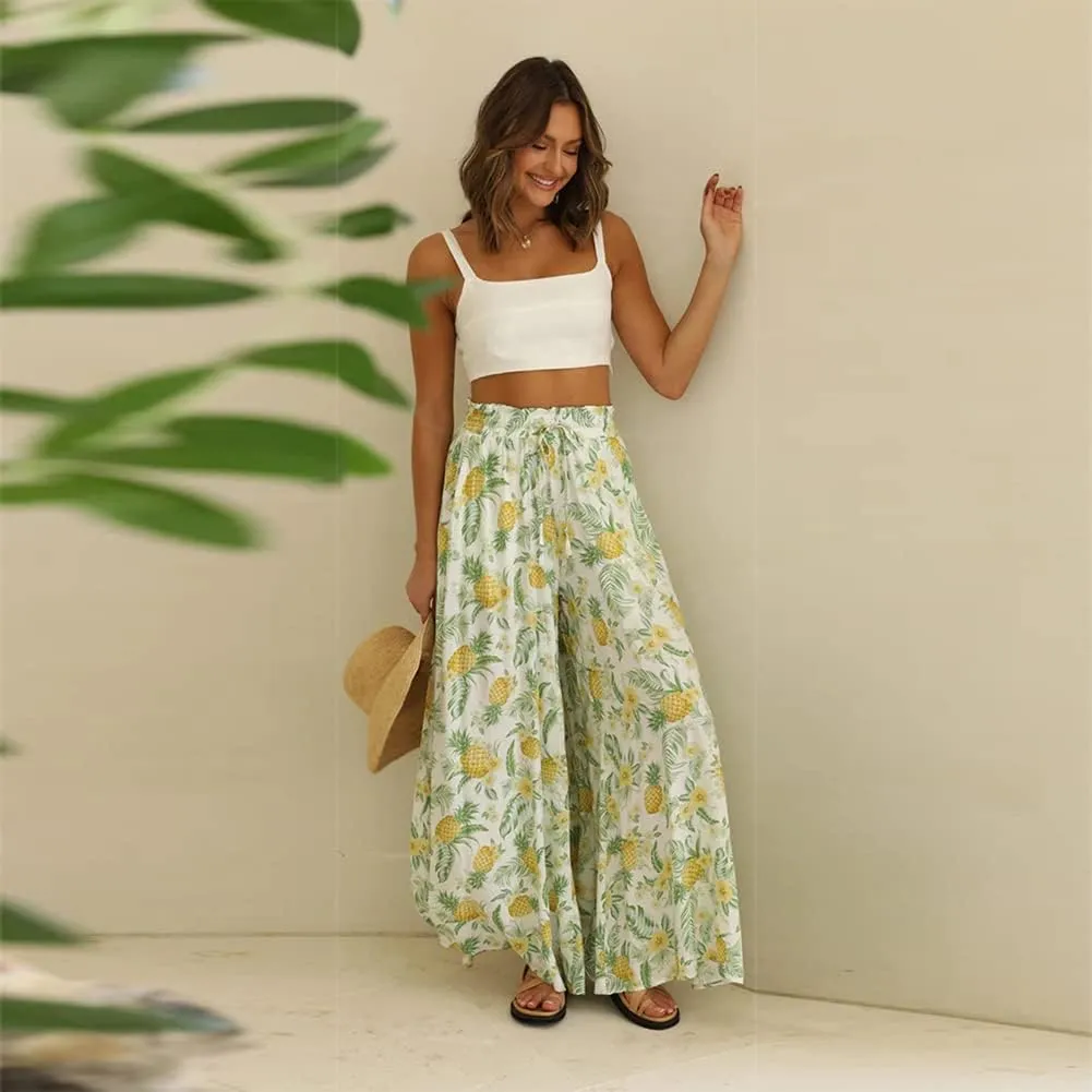 OBEEII Womens High Waist Chiffon Pants Boho Flowy Wide Leg Casual Palazzo Trousers
