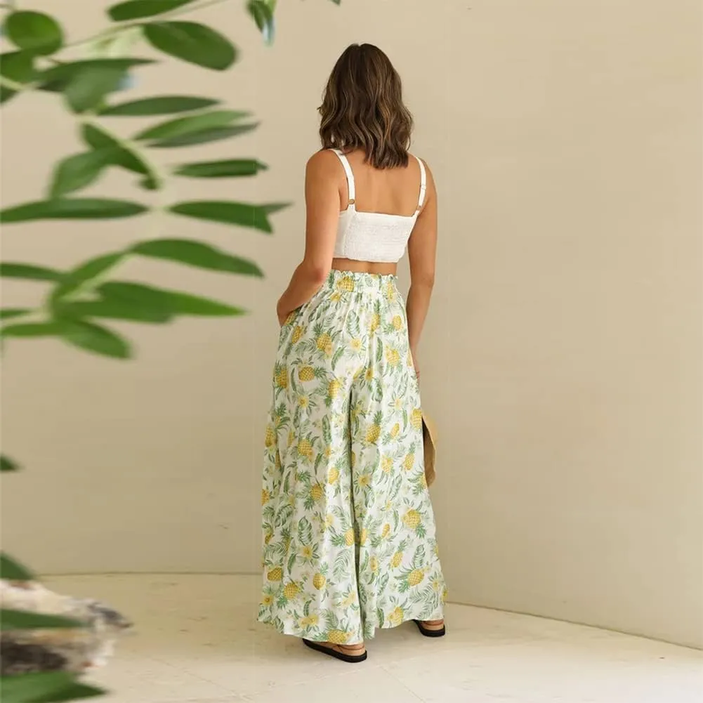OBEEII Womens High Waist Chiffon Pants Boho Flowy Wide Leg Casual Palazzo Trousers