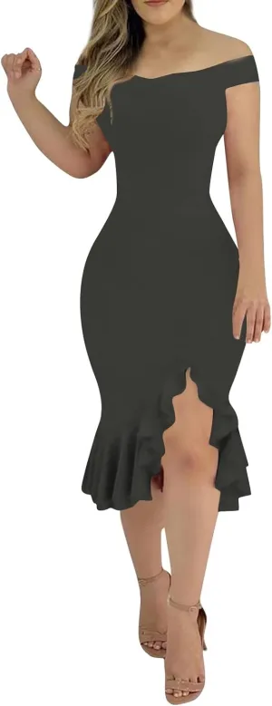 Off Shoulder Dress Ladies Sexy Irregular Hem Casual Backless Sequin Fashion Midi Loose A-Line Outdoor Ruffle Cocktail