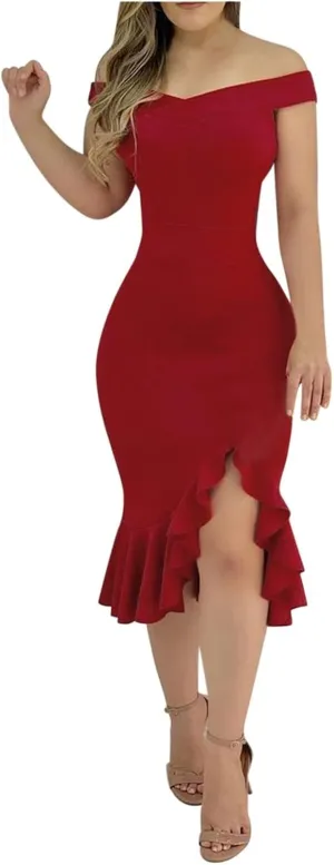 Off Shoulder Dress Ladies Sexy Slit Ruffle Irregular Hem Casual Open Back Plain Off Midi A-Line Zipper Cocktail