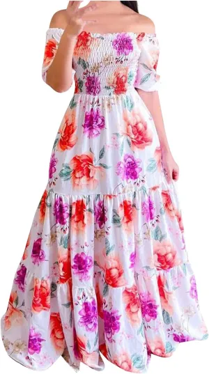 Off Shoulder Dresses for Women,Elegant Tie Dye Print Smocked Sexy Short Sleeve Long Dress Plus Size Flowy Maxi Dress