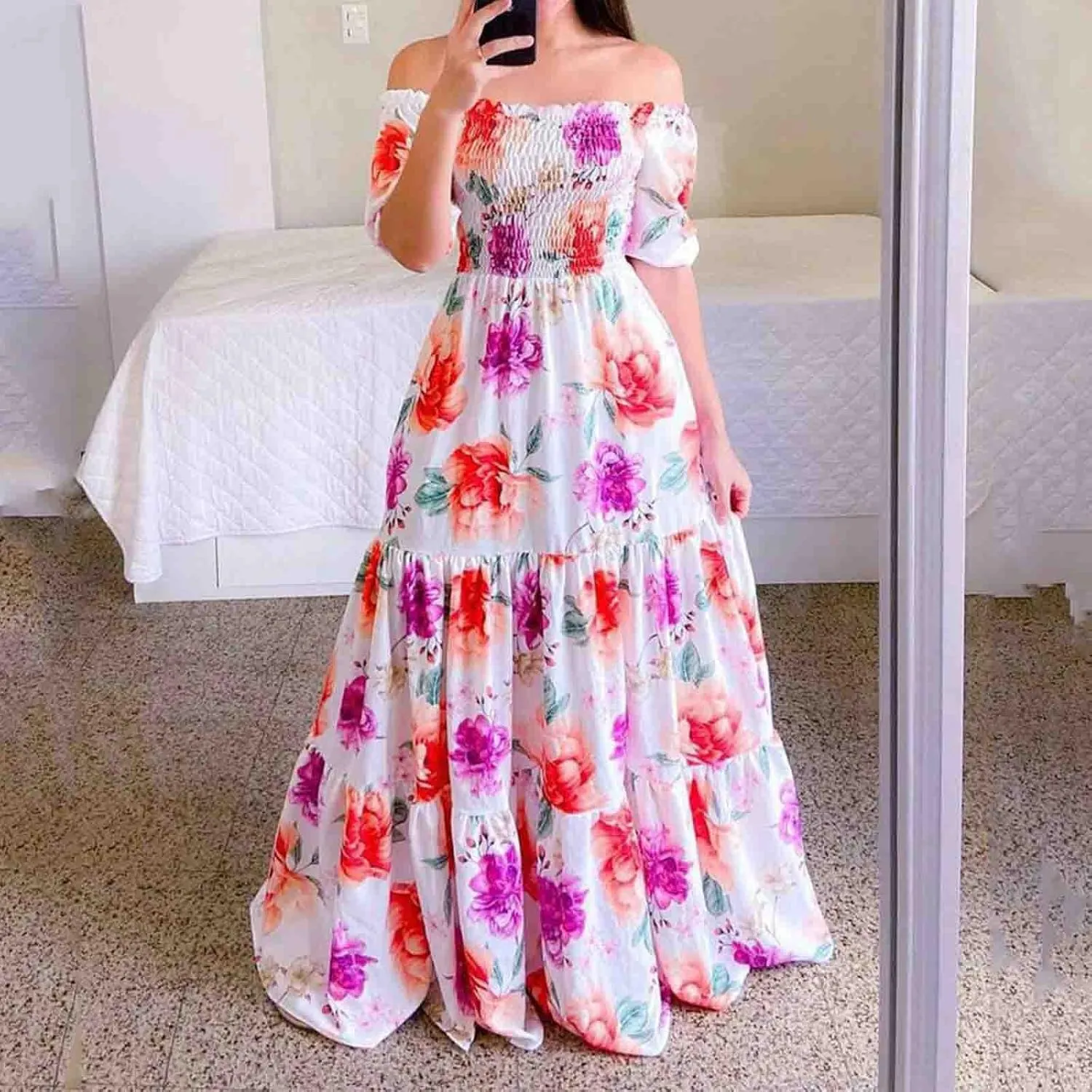 Off Shoulder Dresses for Women,Elegant Tie Dye Print Smocked Sexy Short Sleeve Long Dress Plus Size Flowy Maxi Dress