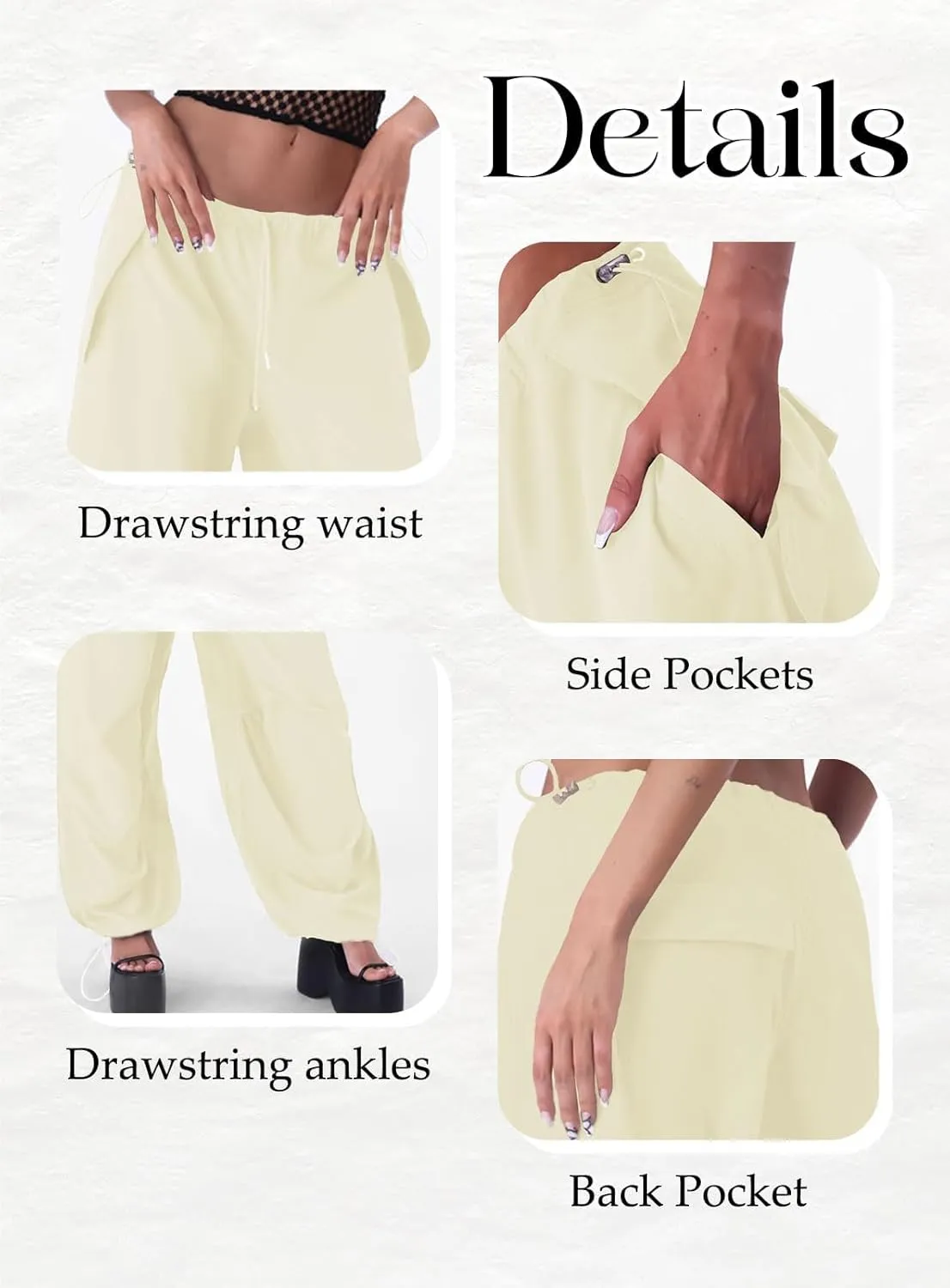 ONIRIKE Womens Parachute Pants Drawstring Elastic Low Waist Sweatpants Loose Baggy Y2K Cargo Pants Trousers with Pockets