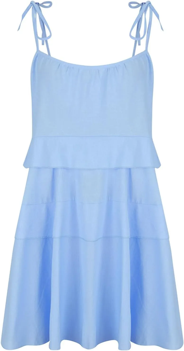Oplxuo Women's Tie Shoulder Tiered Ruffle Flowy Mini Dress Backless A Line Layered Babydoll Cami Dress Summer Beach Sundress