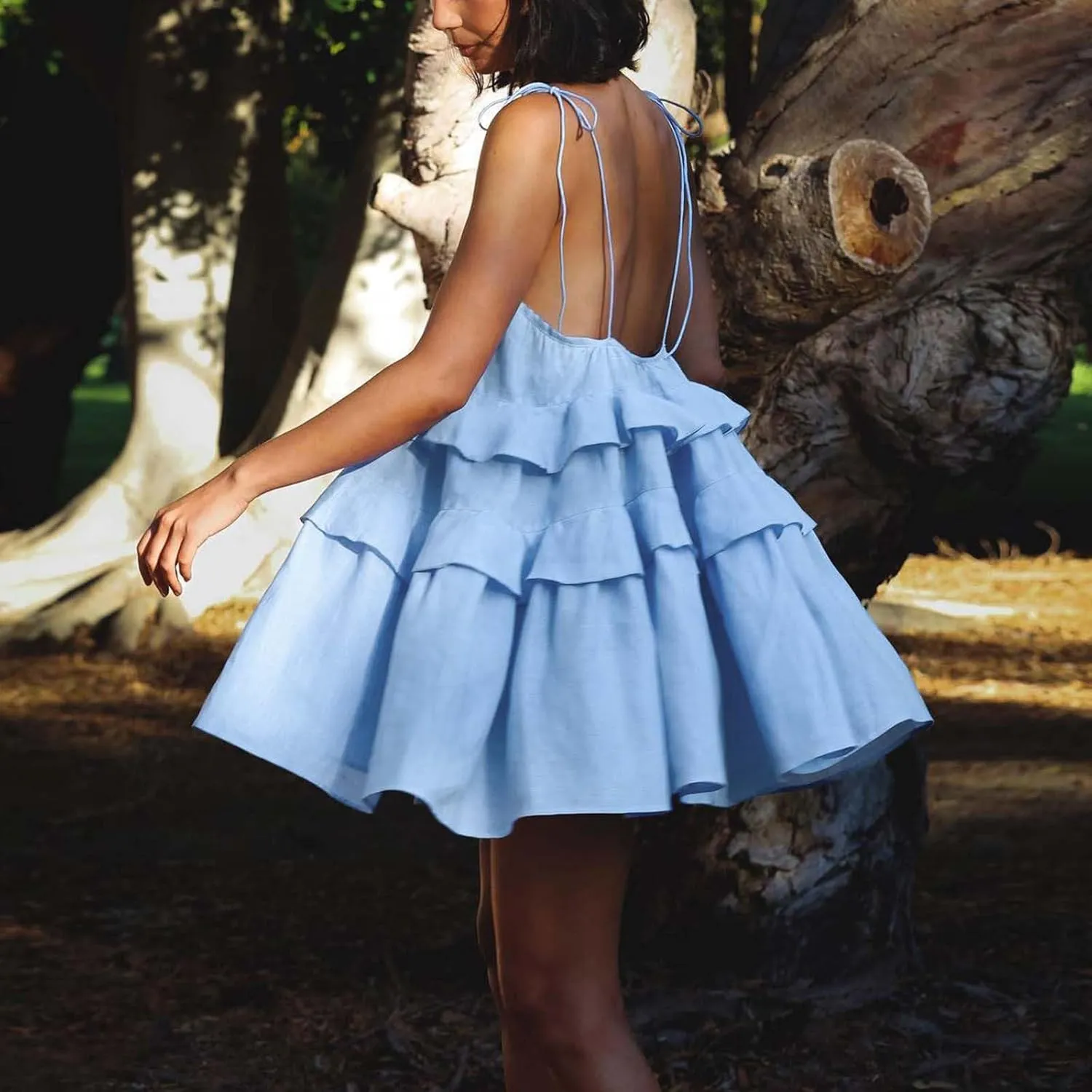 Oplxuo Women's Tie Shoulder Tiered Ruffle Flowy Mini Dress Backless A Line Layered Babydoll Cami Dress Summer Beach Sundress