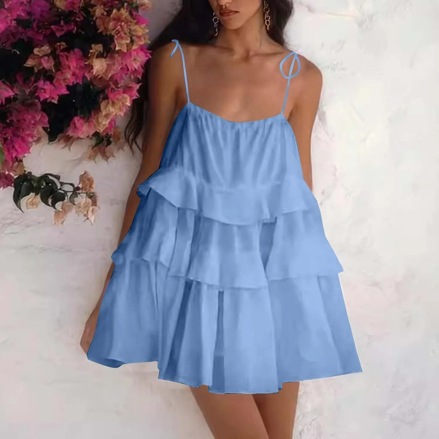 Oplxuo Women's Tie Shoulder Tiered Ruffle Flowy Mini Dress Backless A Line Layered Babydoll Cami Dress Summer Beach Sundress