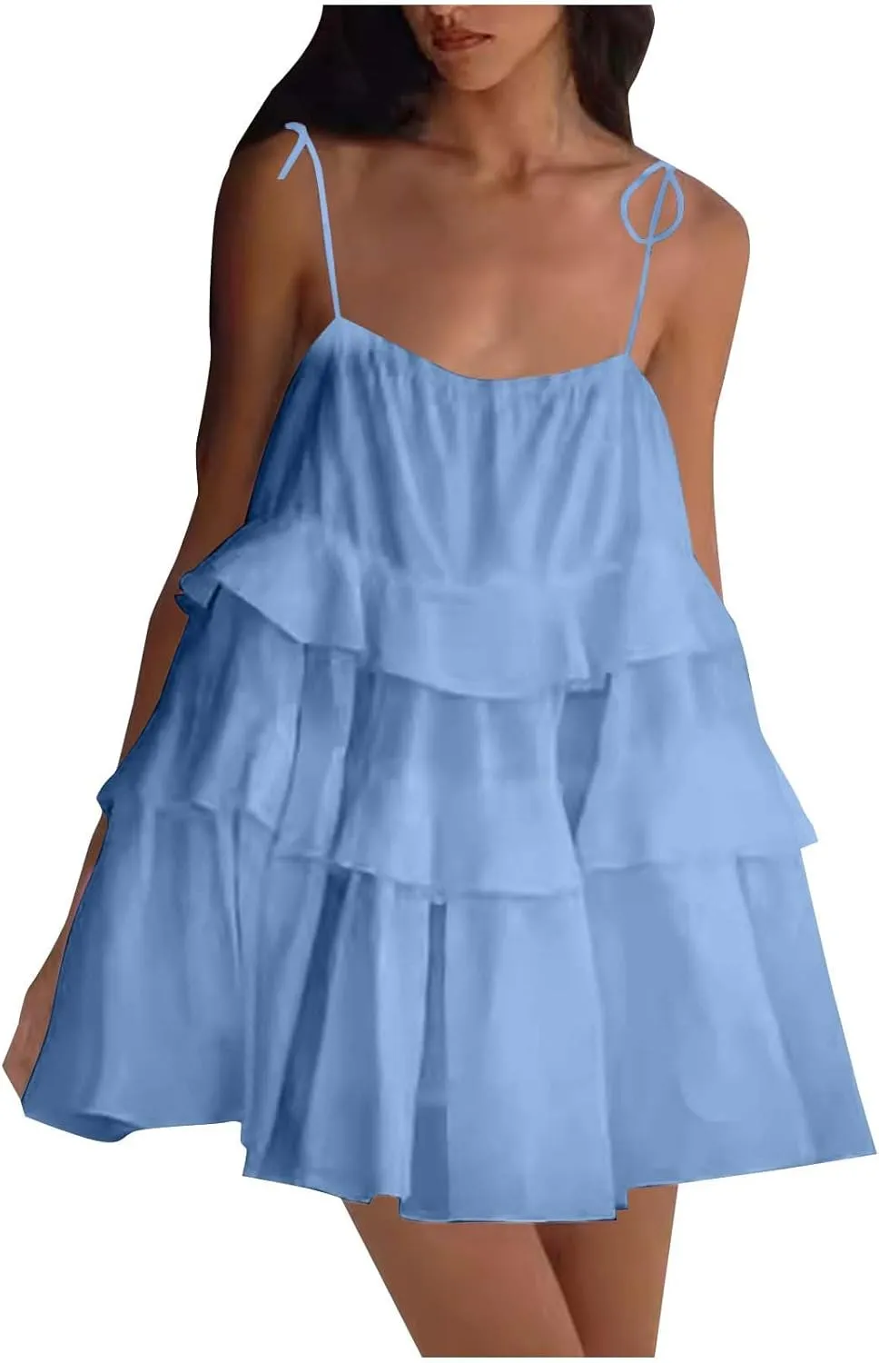 Oplxuo Women's Tie Shoulder Tiered Ruffle Flowy Mini Dress Backless A Line Layered Babydoll Cami Dress Summer Beach Sundress