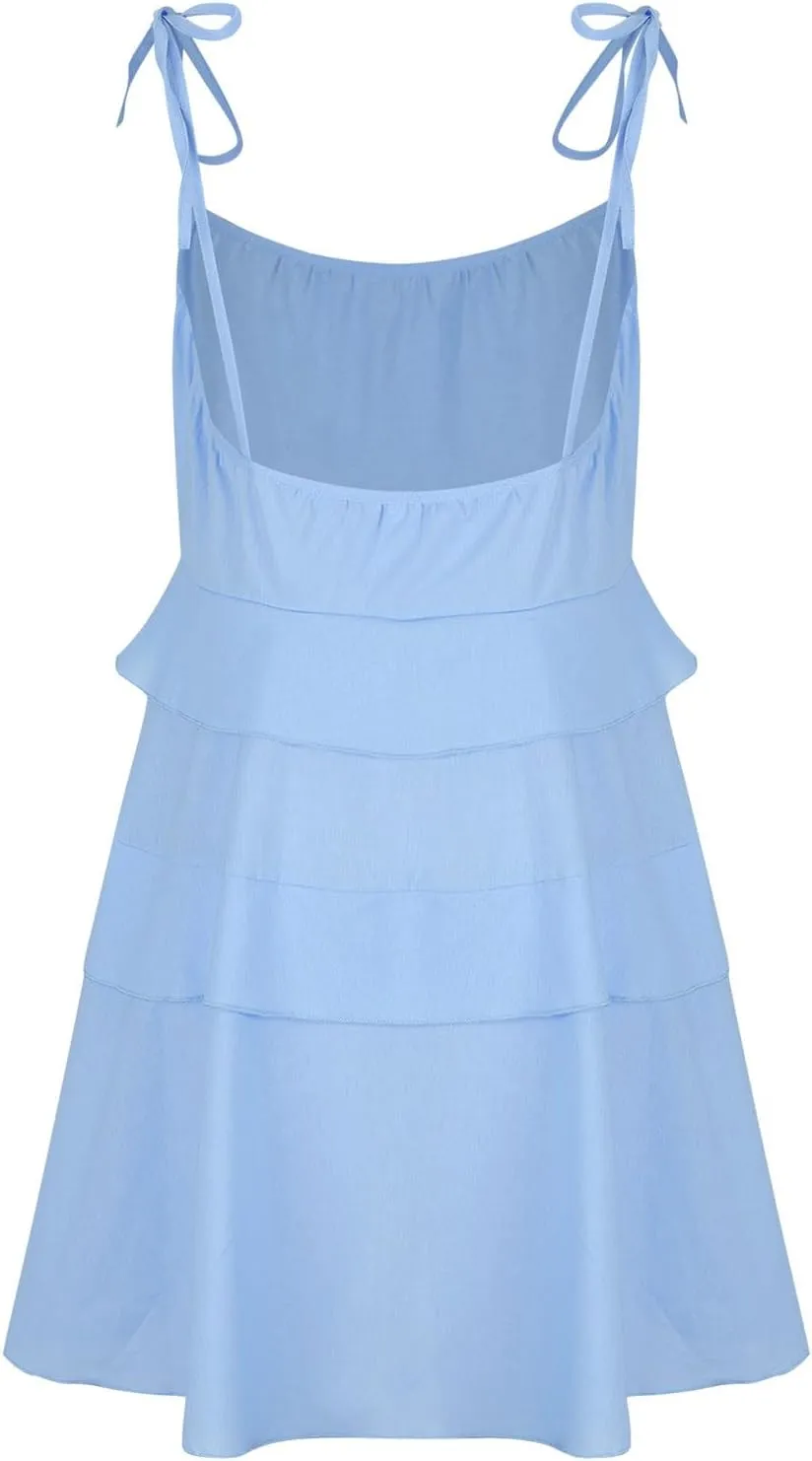 Oplxuo Women's Tie Shoulder Tiered Ruffle Flowy Mini Dress Backless A Line Layered Babydoll Cami Dress Summer Beach Sundress