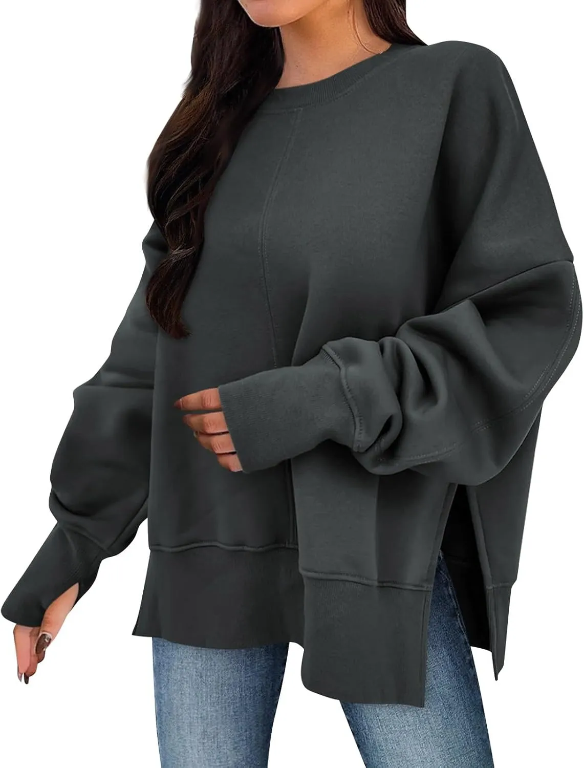 Oversized Crewneck Sweatshirt for Women Drop Shoulder Side Slit Fleece Pullover Tops Casual Comfy Preppy Hoodies 2024