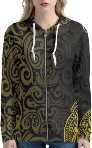 Pacific Island Art Tribal Zip Up Hoodie for Women Casual Polynesian Samoan Traditional Hooded Sweatshirt Jacket