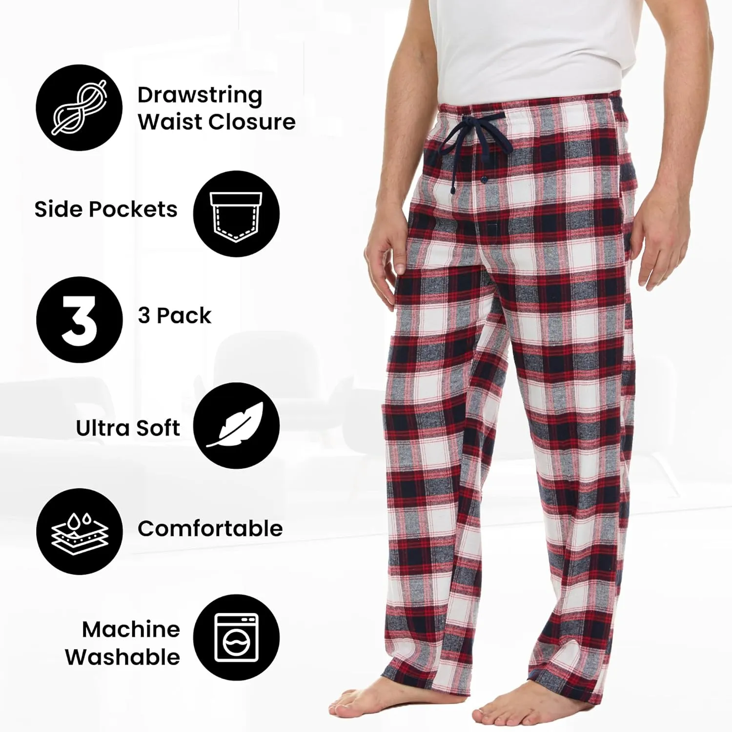 Pajama Pants for Men - 3 Pack Pajama Bottoms - Cotton Blend Flannel Plaid Lounge Pants, Comfortable PJ Pants