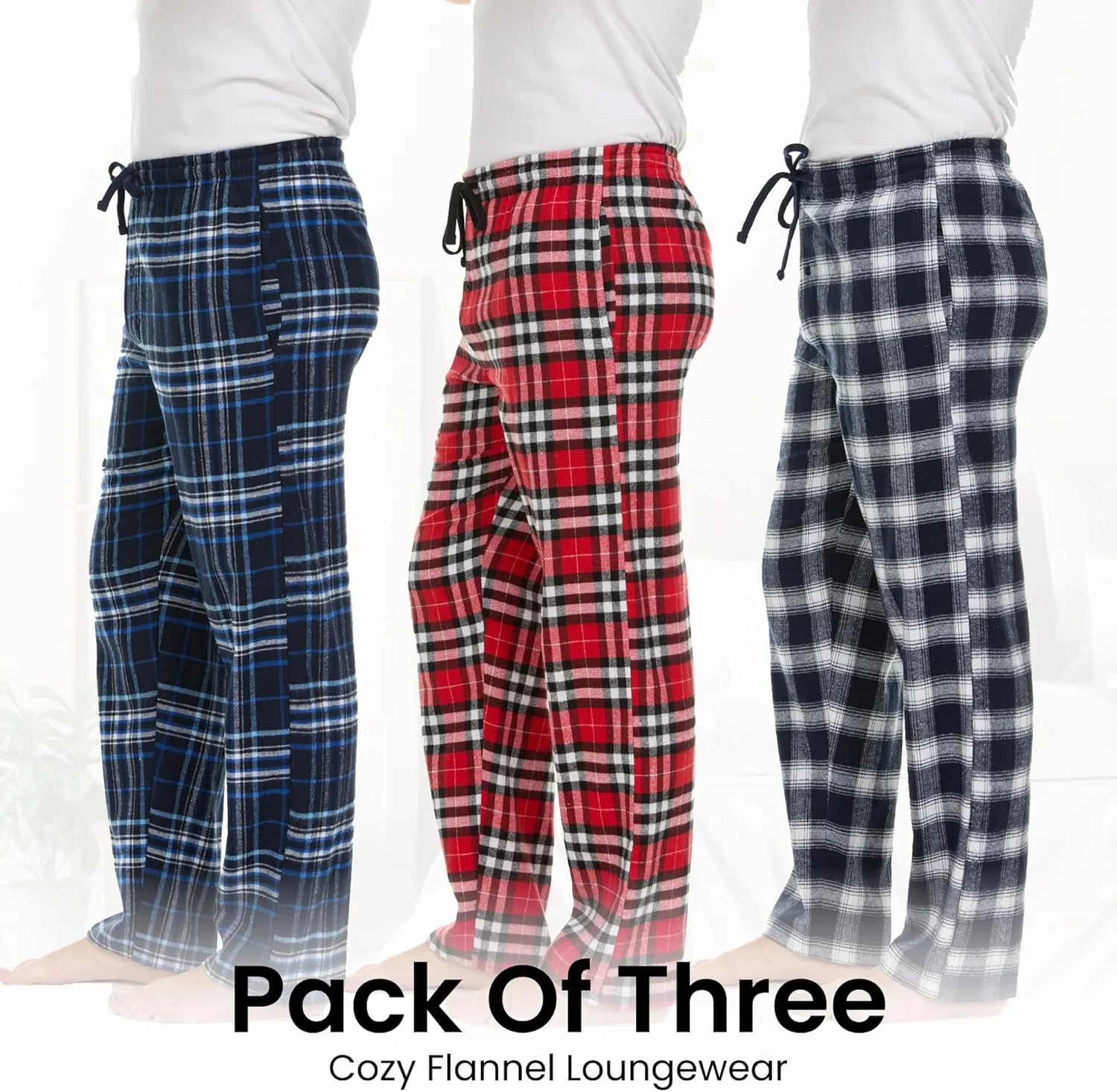Pajama Pants for Men - 3 Pack Pajama Bottoms - Cotton Blend Flannel Plaid Lounge Pants, Comfortable PJ Pants