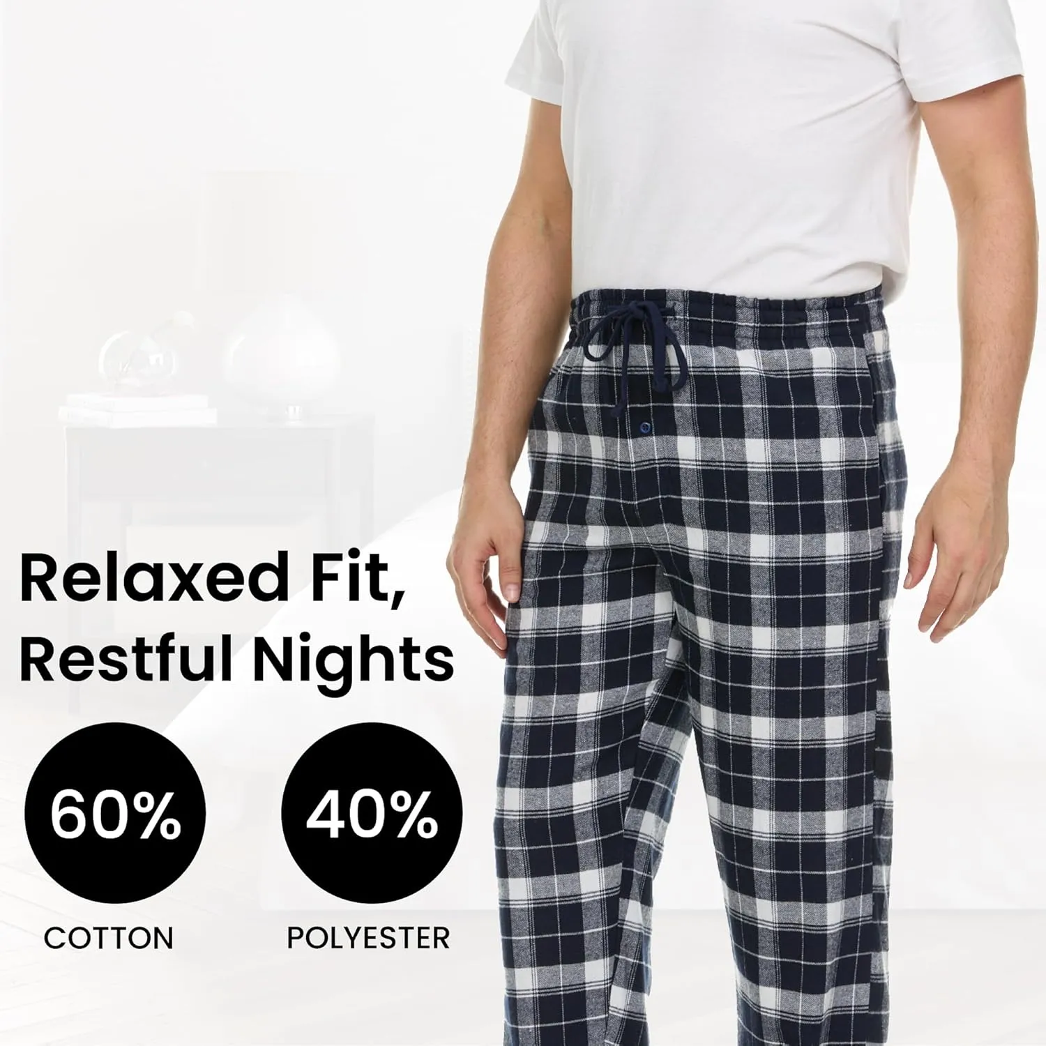Pajama Pants for Men - 3 Pack Pajama Bottoms - Cotton Blend Flannel Plaid Lounge Pants, Comfortable PJ Pants