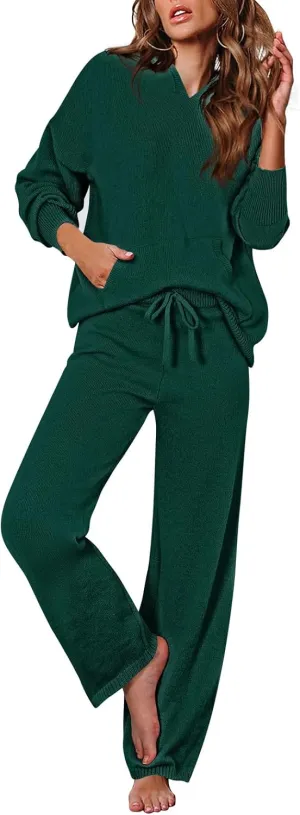 Pink Queen Sweater Set for Women Pullover Hoodie Matching Wide Leg Pants Loose Knitted Sweatsuit with Pocket