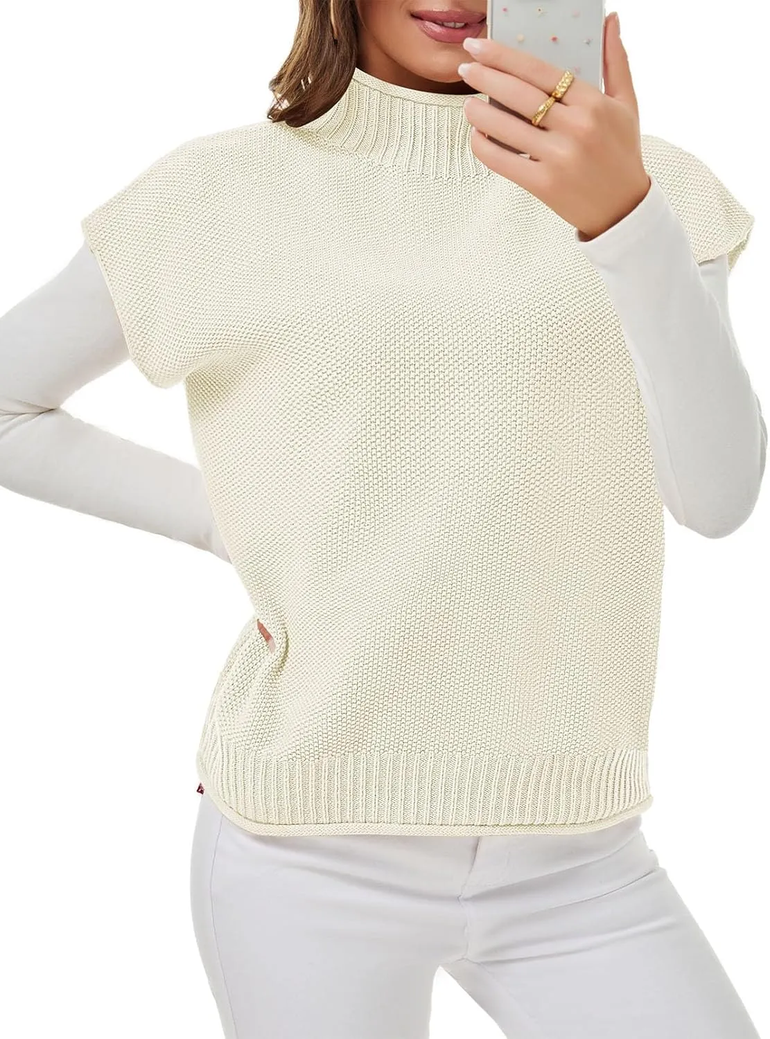 Pink Queen Women's 2025 Spring Mock Neck Sweater Vest Cap Sleeve Pullover Knit Tops