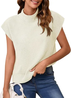 Pink Queen Women's 2025 Spring Mock Neck Sweater Vest Cap Sleeve Pullover Knit Tops