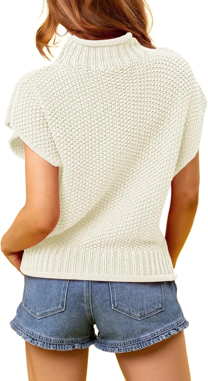 Pink Queen Women's 2025 Spring Mock Neck Sweater Vest Cap Sleeve Pullover Knit Tops