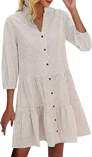Plaid Print Mini Dress for Women Button Down V Neck Collar Tiered Ruffle Half Sleeve Comfy Flowy Summer Clothes Beige