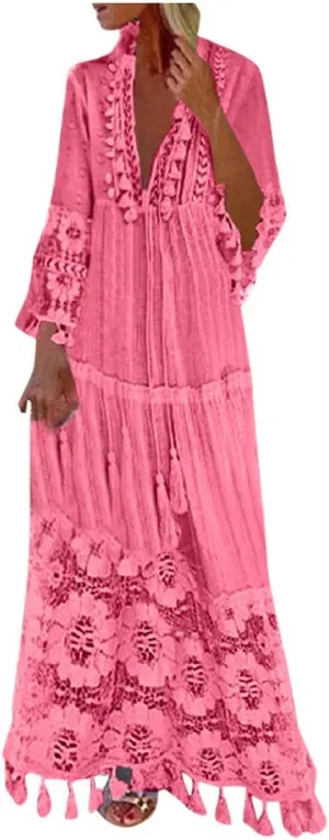 Plus Size Boho Beach Dresses for Women Summer Casual Lace Hollow Out V Neck 3/4 Sleeve Loose Flowy Maxi Dress