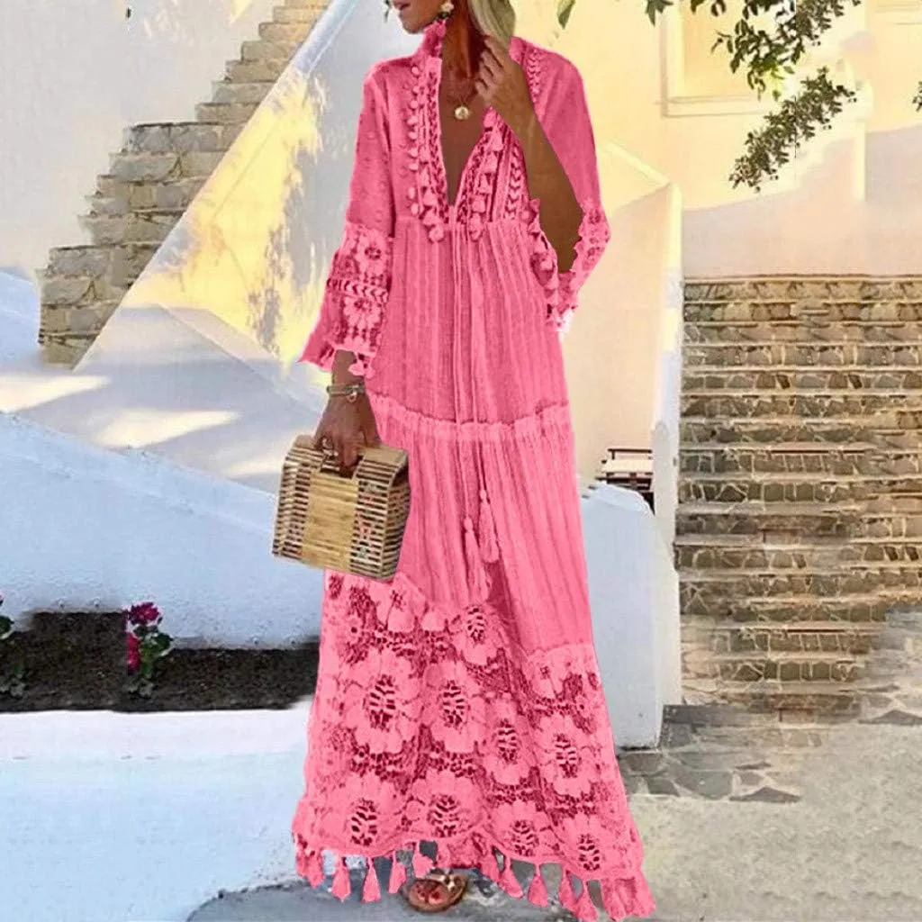 Plus Size Boho Beach Dresses for Women Summer Casual Lace Hollow Out V Neck 3/4 Sleeve Loose Flowy Maxi Dress