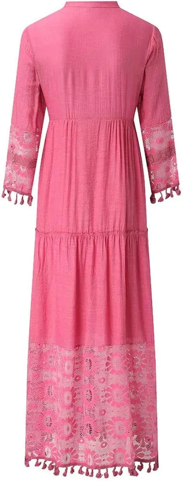 Plus Size Boho Beach Dresses for Women Summer Casual Lace Hollow Out V Neck 3/4 Sleeve Loose Flowy Maxi Dress