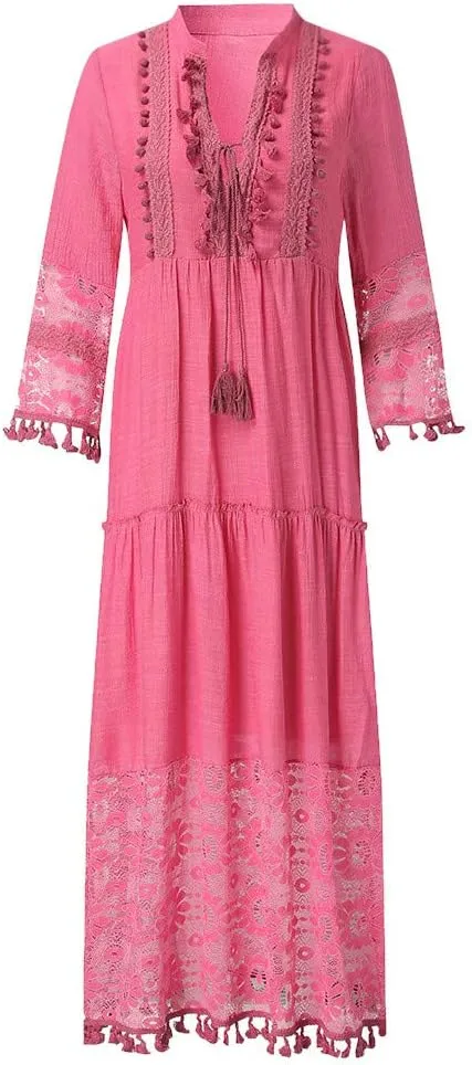 Plus Size Boho Beach Dresses for Women Summer Casual Lace Hollow Out V Neck 3/4 Sleeve Loose Flowy Maxi Dress