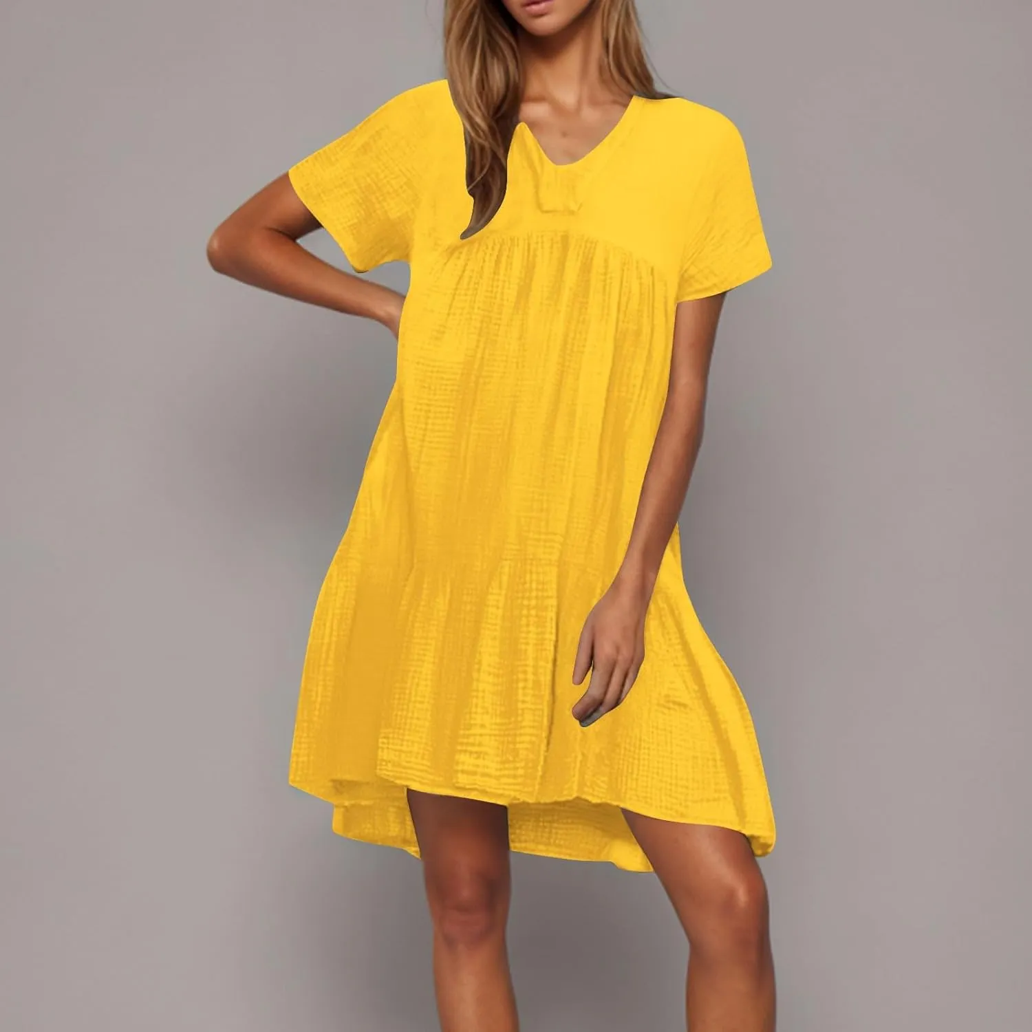 Plus Size Dress for Women Casual V Neck Short Sleeve Tshirt Dress Pleated Tiered Ruffle Midi Dresses with Pockets
