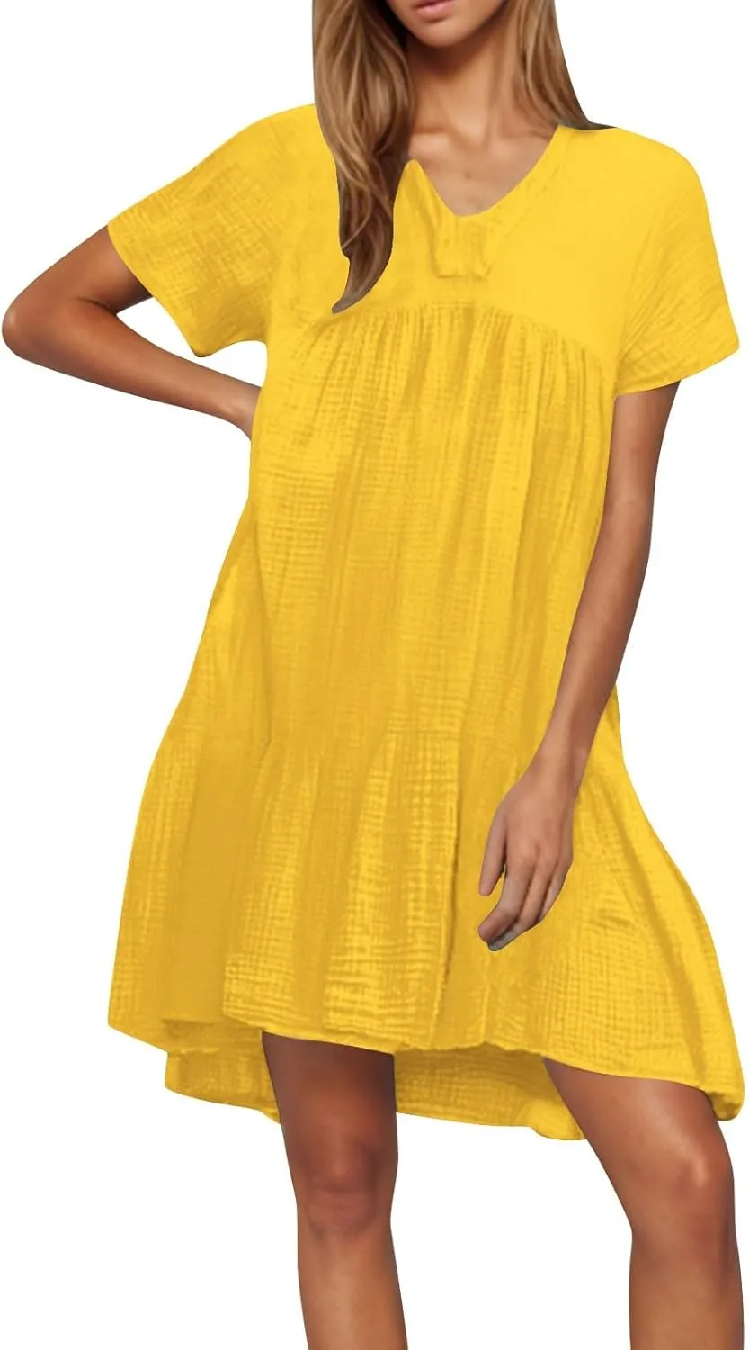 Plus Size Dress for Women Casual V Neck Short Sleeve Tshirt Dress Pleated Tiered Ruffle Midi Dresses with Pockets