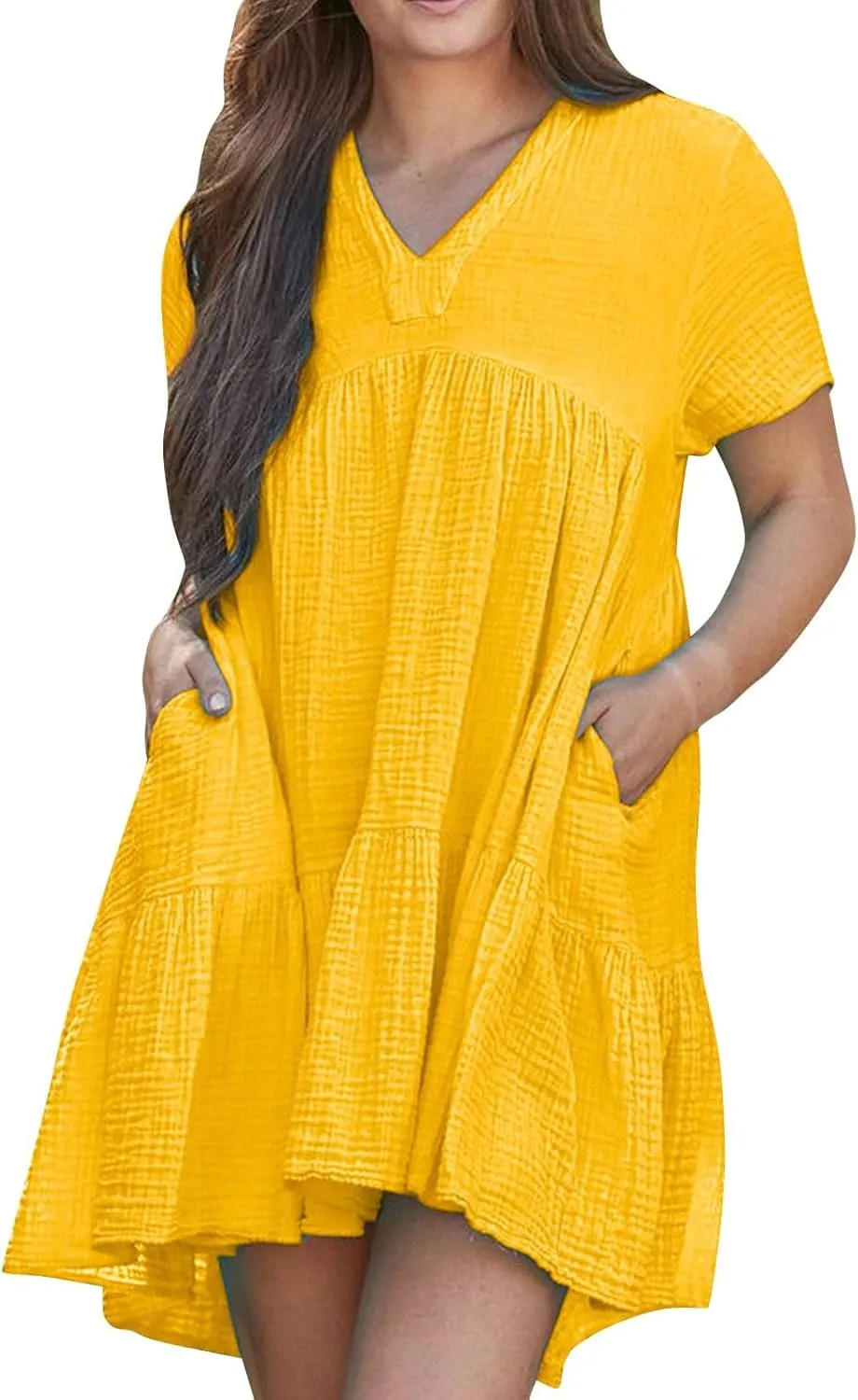 Plus Size Dress for Women Casual V Neck Short Sleeve Tshirt Dress Pleated Tiered Ruffle Midi Dresses with Pockets
