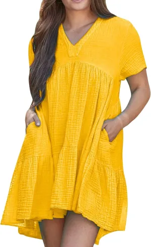 Plus Size Dress for Women Casual V Neck Short Sleeve Tshirt Dress Pleated Tiered Ruffle Midi Dresses with Pockets