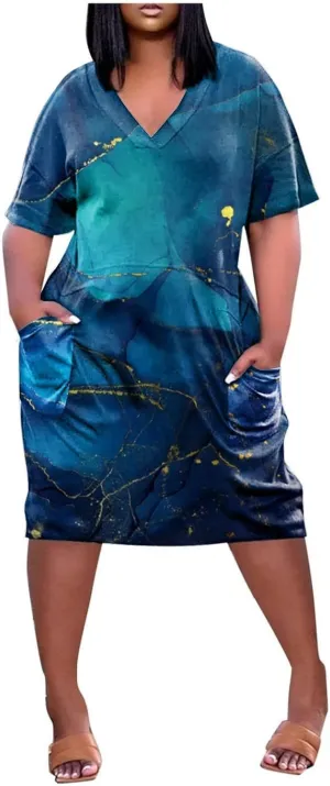 Plus Size Dress Womens 2024 Plus Size Loose Knee Trendy V-Neck Ladies Pocket Breathable Daily Dress